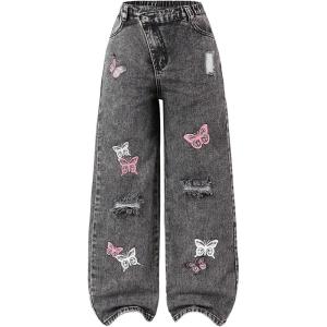 image:imageGORGLITTER Girls Baggy Wide Leg Jeans Butterfly Graphic Print Elastic High Waisted Denim Pants Bottoms Trousers with PocketsBlack