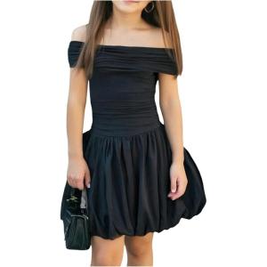 image:imageGORGLITTER Girls Dresses Cute Off The Shoulder Bubble Dress Ruched Sleeveless Party Birthday Mini DressesBlack