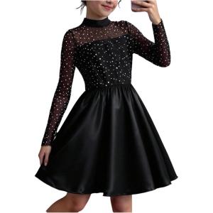 image:imageGORGLITTER Girls Dresses Y2K Mesh Mock Neck Long Sleeve Leather Birthday Cocktail Party Formal Prom Patchwork Midi DressBlack