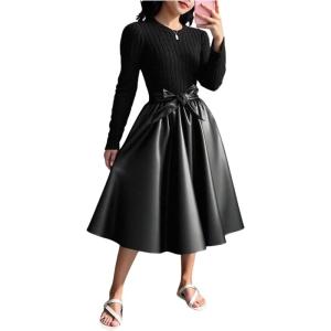image:imageGORGLITTER Girls Fall Dresses Leather Long Sleeve Bow Belted Birthday Cocktail Party Formal Prom Patchwork Midi DressBlack