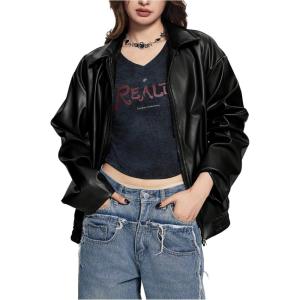 image:imageGORGLITTER Girls Faux Leather Zip Up Jackets Y2K Long Sleeve Motorcycle Bomber Coat Trendy Fall Winter ClothesBlack