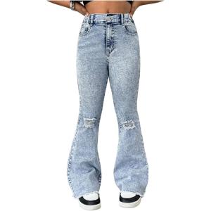 image:imageGORGLITTER Girls Flare Bell Bottom Jeans Ripped Distressed High Waist Denim Pants Trousers with PocketsLight Wash