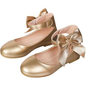image:imageGORGLITTER Girls Flats Sandals Dress Shoes Bow Gold Metallic Ankle Strap Princess Ballet Shoes Wedding Party SandalsGold