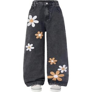 image:imageGORGLITTER Girls Floral Baggy Wide Leg Jeans Y2K Zipper Fly Washed Denim Pants with PocketsBlack
