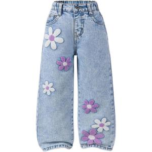 image:imageGORGLITTER Girls Floral Baggy Wide Leg Jeans Y2K Zipper Fly Washed Denim Pants with PocketsLight Blue