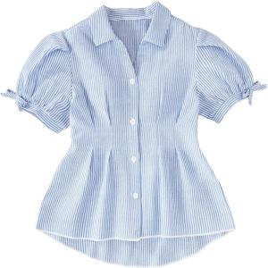 image:imageGORGLITTER Girls Gingham Button Down Blouse Plaid Short Puff Sleeve Cute Lapel Collar V Neck Ruffle ShirtsBlue