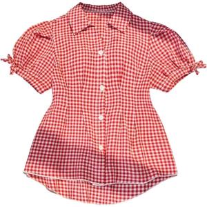 image:imageGORGLITTER Girls Gingham Button Down Blouse Plaid Short Puff Sleeve Cute Lapel Collar V Neck Ruffle ShirtsRed