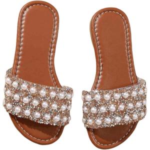 image:imageGORGLITTER Girls Glitter Rhinestone Sandals Cute Pearl Open Toe Princess Dress Shoes Dressy Slide SandalsBrown