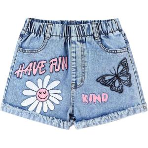 image:imageGORGLITTER Girls Graphic Ripped Jean Shorts Elastic Waist Summer Vacation Cute Denim ShortsLight Wash
