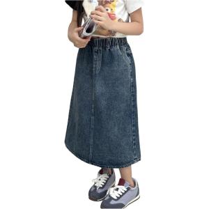 image:imageGORGLITTER Girls Jean Denim Skirt Cute Trendy Y2k Side Slit Elastic High Waisted A Line Midi Maxi Skirts with PocketDark Wash