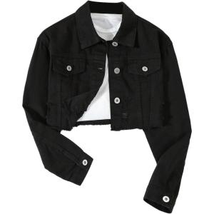 image:imageGORGLITTER Girls Jean Jacket Button Down Long Sleeve Ripped Hem Crop Denim Jackets Cardigans Fall OuterwearBlack
