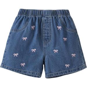 image:imageGORGLITTER Girls Jean Shorts Bow Embroidered Elastic High Waisted Straight Leg Cute Summer Y2K Denim ShortsMedium Wash