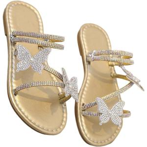 image:imageGORGLITTER Girls Sandals Butterfly Clear Rhinestone Glitter Flat Sandals Summer Beach Vacation Sandal SlipperRose Gold