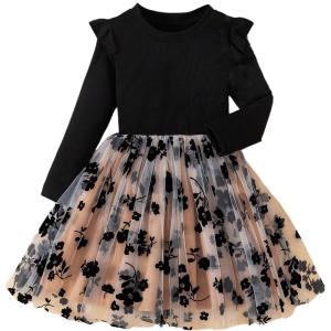 image:imageGORGLITTER Girls Short Dress Cute Floral Mesh Ruffle Long Sleeve Fall Casual Birthday Party Flowy Skater Peplum DressBlack