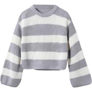 image:imageGORGLITTER Girls Striped Sweaters Knit Long Sleeve Crewneck Color Block Sweater JumperWhite and Grey