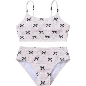 image:imageGORGLITTER Girls Swimsuits Summer Bow Printed Smocked High Waisted Bikini Sets Two Piece Bathing Suit Swim Beach WearBlack and White