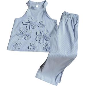 image:imageGORGLITTER Toddler Girls 2 Piece Striped Outfit Floral Appliques Halter Top and Wide Leg Pants Clothing SetsMulticolor