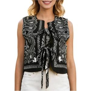 image:imageGORGLITTER Womens Bow Tie Front Vest Top Paisley Print Sleeveless Boho Country Concert Vest Tank TopsBlack Paisley