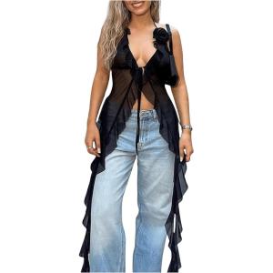image:imageGORGLITTER Womens Fringe Flower Halter Tops Ruffle Tie Front Sleeveless Backless Top Concert Coachella Rodeo OutfitsBlack