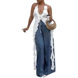image:imageGORGLITTER Womens Fringe Flower Halter Tops Ruffle Tie Front Sleeveless Backless Top Concert Coachella Rodeo OutfitsWhite