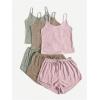 image:imageGORGLITTER Womens 3 Sets Ribbed Pajamas Set Sleeveless Crop Top and Tie Front Shorts Lounge Set Sleepwear LoungewearGreen Brown Pink