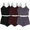 image:imageGORGLITTER Womens 6 Piece Pajama Set Frill Trim Cami Crop Top with Elastic Waist ShortsBlack Grey Red