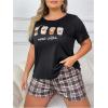 image:imageGORGLITTER Womens Plus Size Pajama Set 2 Piece Letter Short Sleeve Shirt Plaid Boxer Shorts Pjs Lounge SetsBlack Graphic