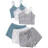 image:imageGORGLITTER Womens 6 Piece Ribbed Pajama Set Spaghetti Strap Cami Crop Top and Shorts Lounge Set SleepwearBlue Grey White