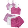 image:imageGORGLITTER Womens 6 Piece Ribbed Pajama Set Spaghetti Strap Cami Crop Top and Shorts Lounge Set SleepwearPink White Purple