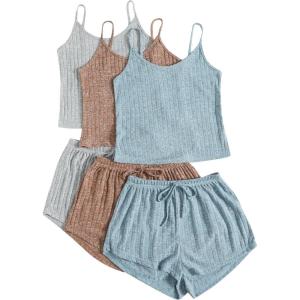 image:imageGORGLITTER Womens 3 Sets Ribbed Pajamas Set Sleeveless Crop Top and Tie Front Shorts Lounge Set Sleepwear LoungewearBlue Grey Khaki