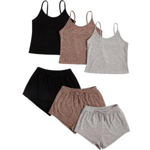 image:imageGORGLITTER Womens 3 Sets Ribbed Pajamas Set Sleeveless Crop Top and Tie Front Shorts Lounge Set Sleepwear LoungewearGrey Black Khaki