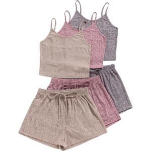 image:imageGORGLITTER Womens 3 Sets Ribbed Pajamas Set Sleeveless Crop Top and Tie Front Shorts Lounge Set Sleepwear LoungewearKhaki Pink Purple