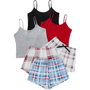 image:imageGORGLITTER Womens 6 Pack Pajama Set Spaghetti Strap Cami Top and Plaid Shorts SetMulticolor