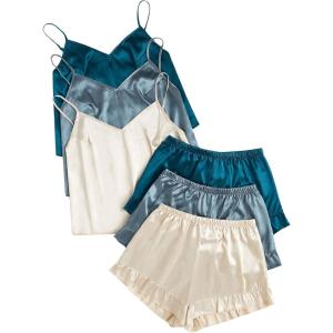 image:imageGORGLITTER Womens 6 Piece Lounge Set Satin Cami Top Shorts Pajama SetsApricot and Blue