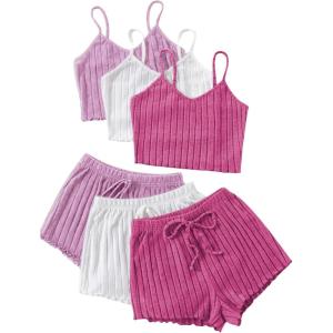 image:imageGORGLITTER Womens 6 Piece Ribbed Pajama Set Spaghetti Strap Cami Crop Top and Shorts Lounge Set SleepwearPink White Purple