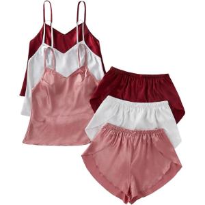 image:imageGORGLITTER Womens 6 Piece Silk Satin Pajama Set V Neck Sleeveless Cami Tops and Shorts Cute Pjs Lounge Sets SleepwearRed White Pink