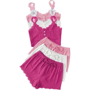 image:imageGORGLITTER Womens 6 Pieces Pajamas Set Ribbed Knit Sleeveless Crop Cami Top and Shorts SleepwearPink and White