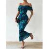 image:imageGORGLITTER Womens Cold Shoulder Ruched Bodycon Maxi Dress Floral Print Off Shoulder Elegant Long DressesBlue