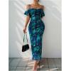 image:imageGORGLITTER Womens Cold Shoulder Ruched Bodycon Maxi Dress Floral Print Off Shoulder Elegant Long DressesBlue