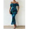 image:imageGORGLITTER Womens Cold Shoulder Ruched Bodycon Maxi Dress Floral Print Off Shoulder Elegant Long DressesBlue