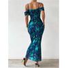 image:imageGORGLITTER Womens Cold Shoulder Ruched Bodycon Maxi Dress Floral Print Off Shoulder Elegant Long DressesBlue