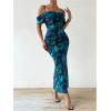 image:imageGORGLITTER Womens Cold Shoulder Ruched Bodycon Maxi Dress Floral Print Off Shoulder Elegant Long DressesBlue