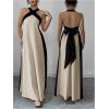 image:imageGORGLITTER Womens Halter Maxi Dress Beach Wedding Guest Bow Flowy Backless Bump Friendly A Line Birthday Prom SundressKhaki