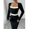 image:imageGORGLITTER Womens Long Sleeve Color Block Maxi Dresses Elegant Classy Fall Formal Square Neck Bodycon Long Dress 2025Black and White