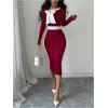 image:imageGORGLITTER Womens Long Sleeve Color Block Maxi Dresses Elegant Classy Fall Formal Square Neck Bodycon Long Dress 2025Burgundy and White