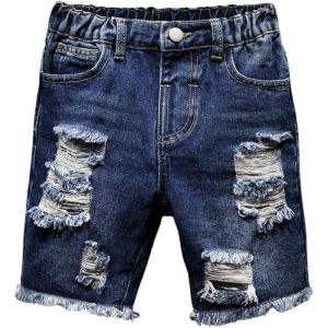 image:imageGORGLITTER Boys Denim Jean Shorts Jorts High Elastic Waist Ripped Distressed Frayed Hem Bermuda Shorts Y2k with PocketsDark Wash