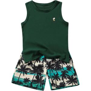 image:imageGORGLITTER Boys Summer Outfits Tropical Print Sleeveless Beach Tank Tops Hawaiian Vacation Shorts SetsArmy Green