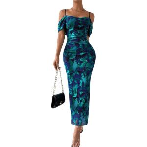 image:imageGORGLITTER Womens Cold Shoulder Ruched Bodycon Maxi Dress Floral Print Off Shoulder Elegant Long DressesBlue