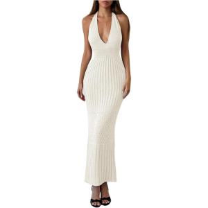 image:imageGORGLITTER Womens Crochet Dress Halter Backless Bodycon Deep V Neck Long Knit Maxi Dresses Summer Beach Outfits 2026White