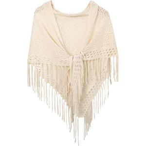 image:imageGORGLITTER Womens Wrap Crochet Shawl Poncho Fringe Lightweight Cardigan Sweater Scarf Western Hollow Out ShrugBeige